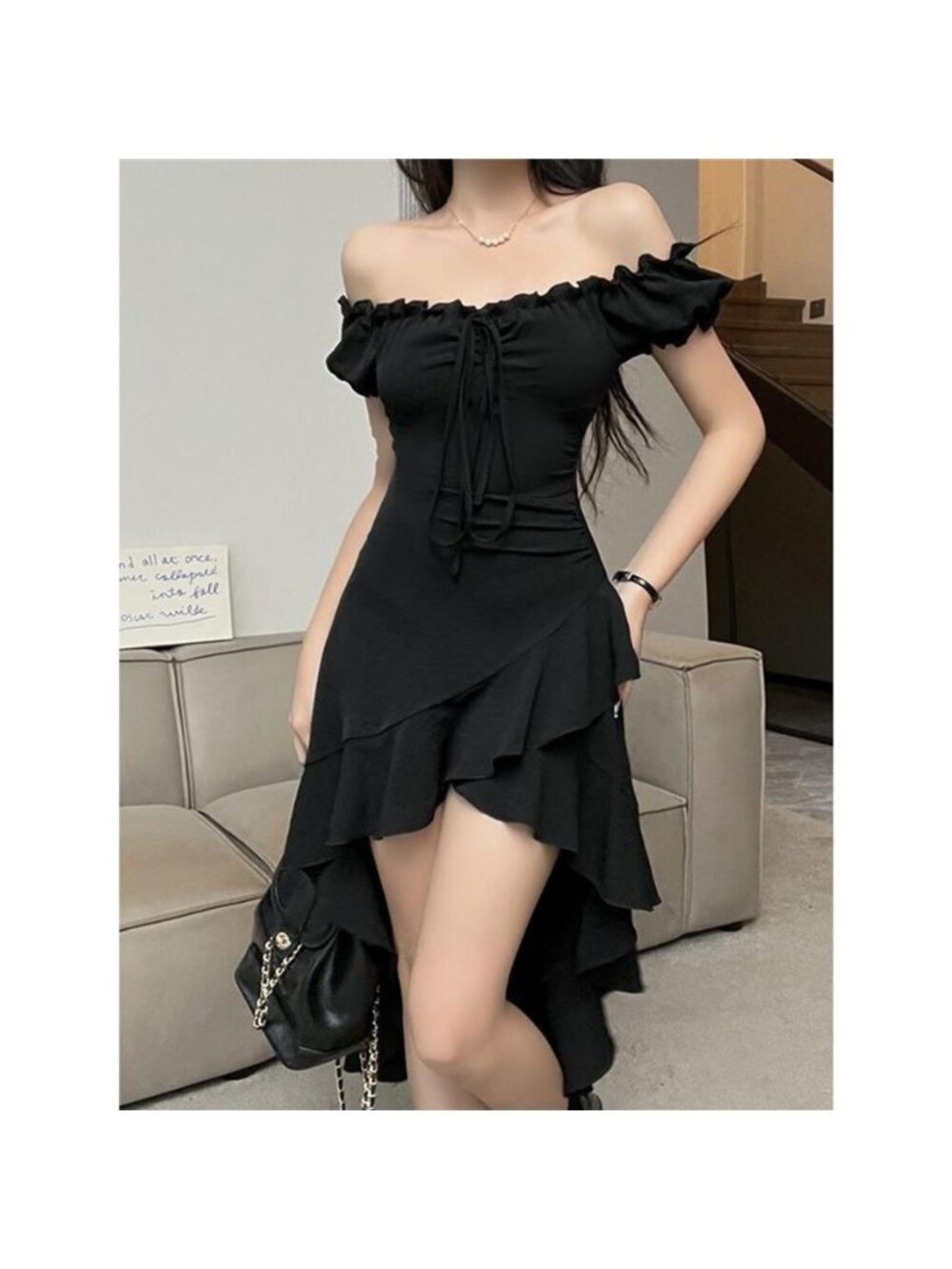 Off-Shoulder Ruffle Hem High-Low Dress - Picture 3 of 6